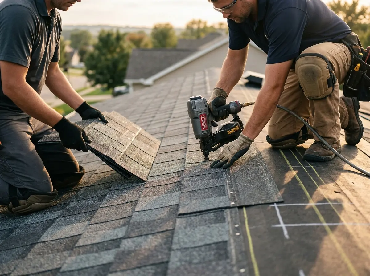 Professional roofer working on a residential roof in Miramar